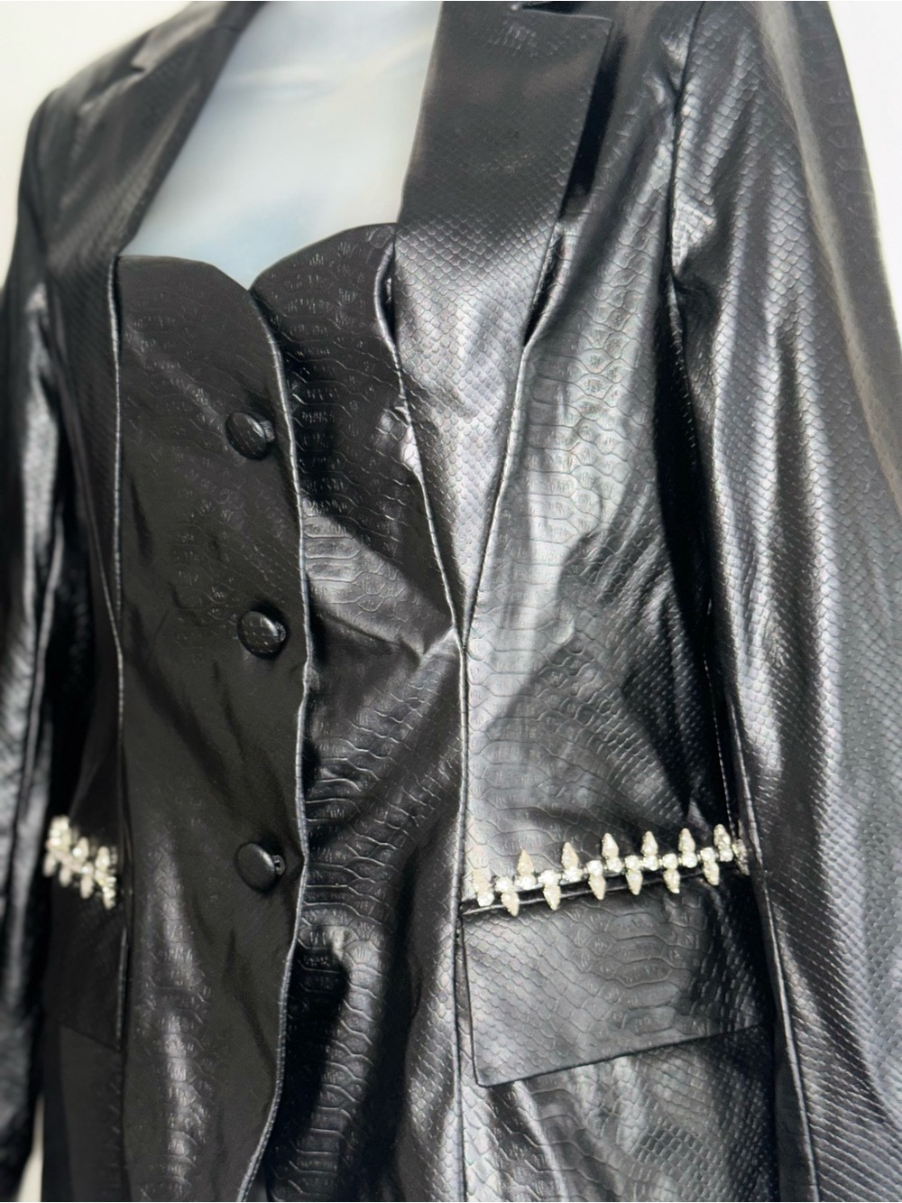 VENUS Black Faux-Leather Textured Blazer with Jewel Trim